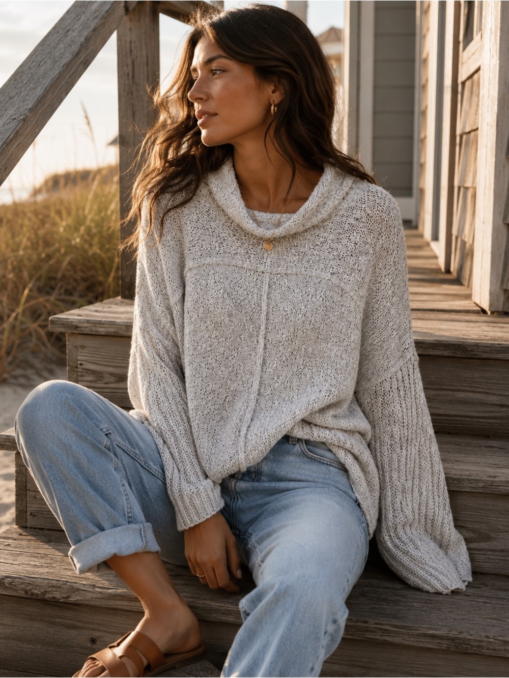Free People Marled Cowl Neck Sweater | Coastal Grandmother Boho Oversized